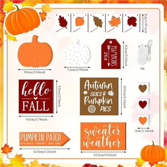 15 Pcs Fall Tiered Tray Decor Set - Autumn Wood Signs, Pumpkins & Gnomes, Autumn - Picture 4 of 7